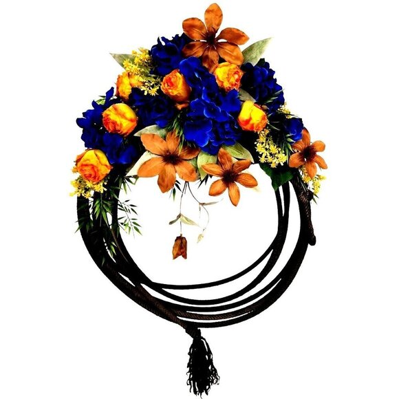 COUNTRY WESTERN Lariat Rope Wreath with blue hydrangea, orange roses, clematis. - Picture 1 of 7